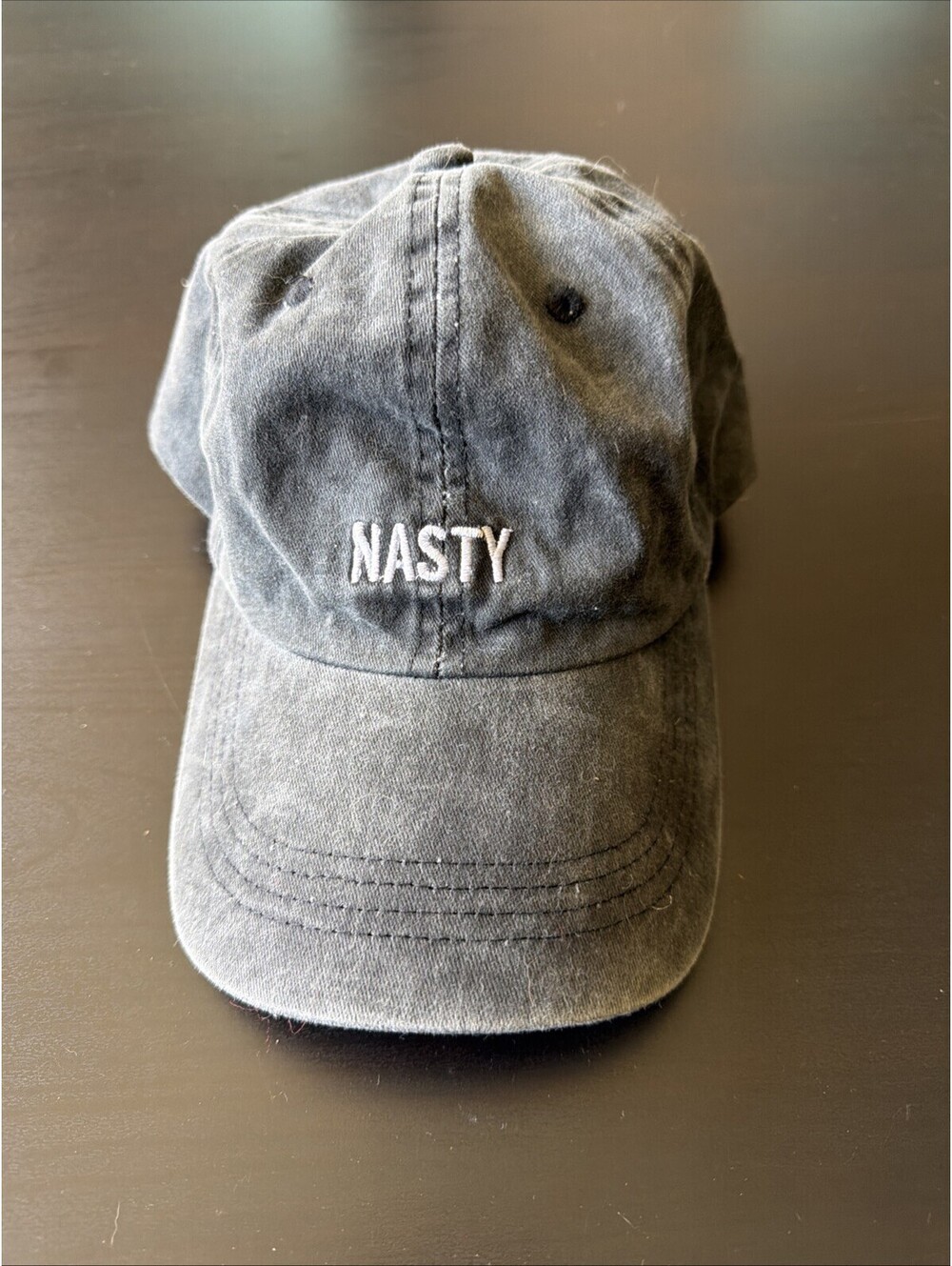 Light Washed Women’s Black Hat “Nasty” Embroidered Adjustable Strap
